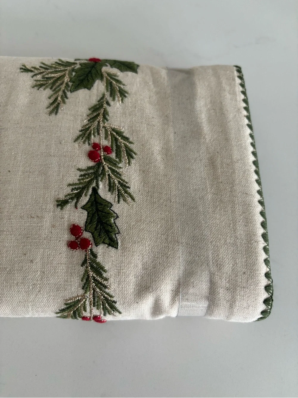 Pottery Barn Cream Table Runner with Green & Red Holly Embroidery